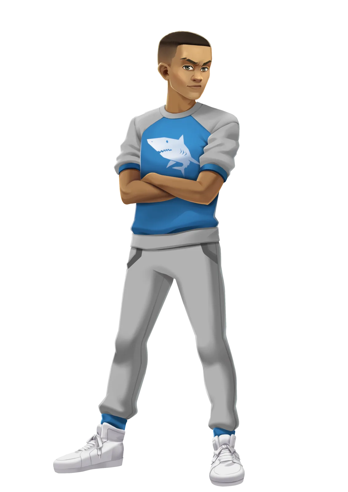Jesse in his blue Apex Academy uniform, arms crossed